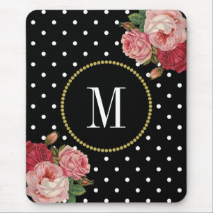 Classy Black Antiek Floral Polka Dots Monogram Muismat