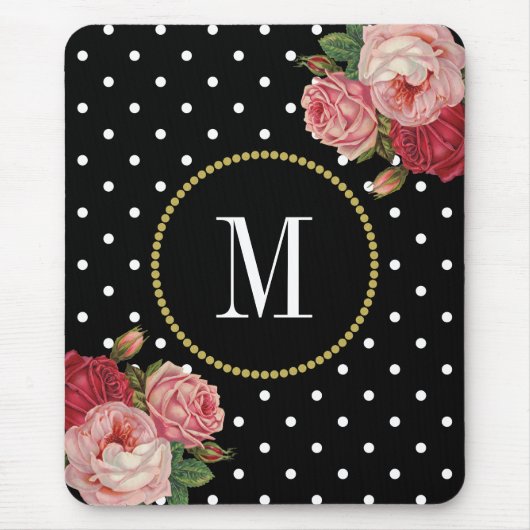 Classy Black Antiek Floral Polka Dots Monogram Muismat (Voorkant)