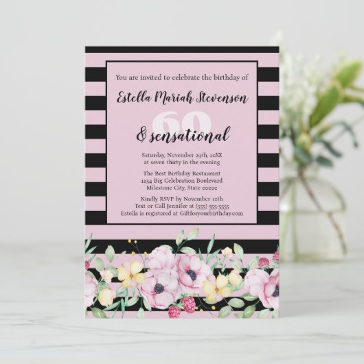 Classy Black Blush Roze Gestreepte Bloemen Verjaar Kaart (Staand voorkant)