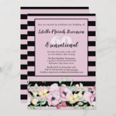 Classy Black Blush Roze Gestreepte Bloemen Verjaar Kaart (Voorkant / Achterkant)