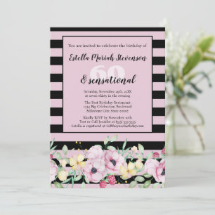 Classy Black Blush Roze Gestreepte Bloemen Verjaar Kaart