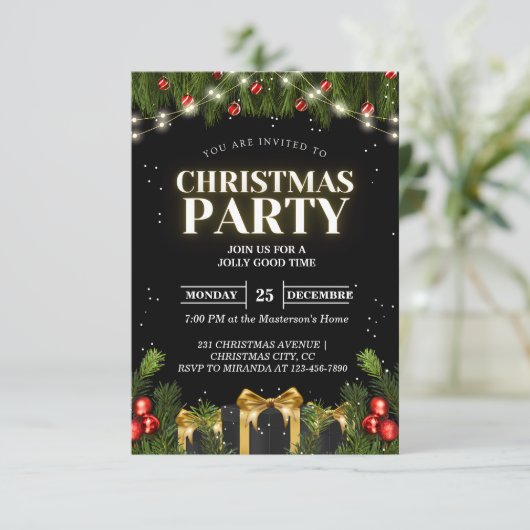 Classy Black Christmas Party Uitnodigingen (Staand voorkant)
