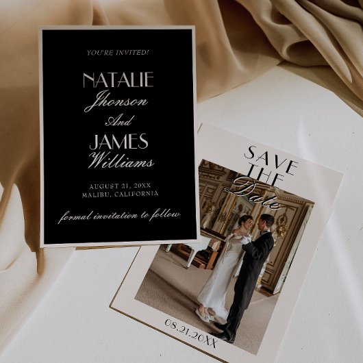 Classy Black Cream Old Money Photo Wedding Save The Date
