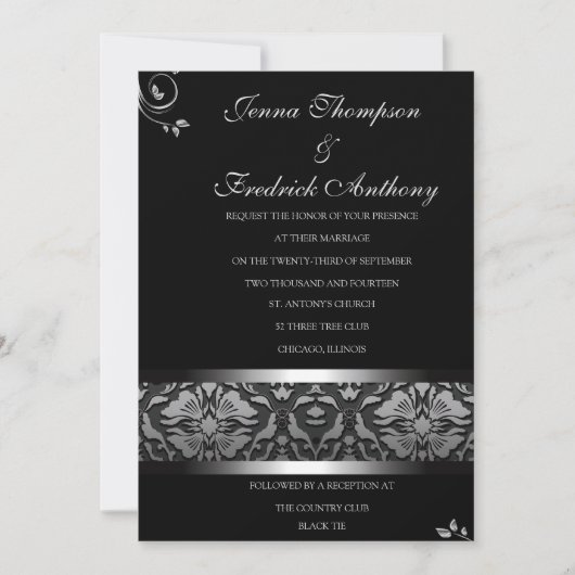 Classy Black Damask huwelijksuitnodiging Kaart (Voorkant)