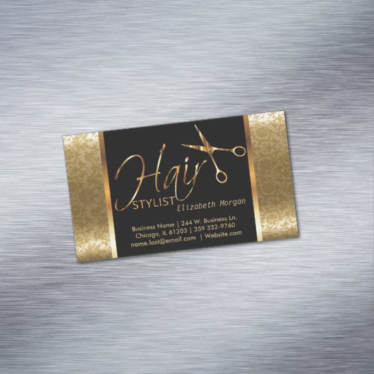 Classy Black en Gold Damask Hair Stylist Magnetisch Visitekaartje (Voorbeeld)