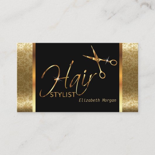 Classy Black en Gold Damask Hair Stylist Visitekaartje (Voorkant)