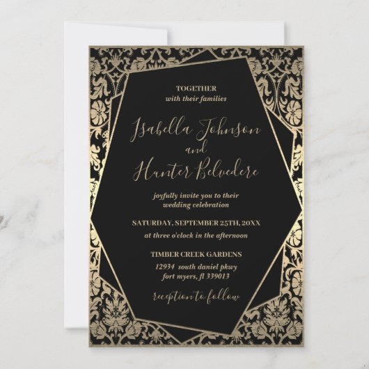 Classy Black en Gold Damask Metallic Lijst Kaart (Achterkant)