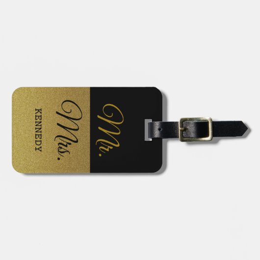 Classy Black en Gold Glitter Mr en Mrs. Bagagelabel (Voorkant horizontaal)