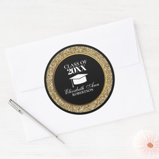 Classy Black en Gold Glittery Afstuderen Ronde Sticker (Envelop)