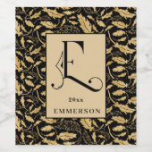 Classy Black en Gold Leaf Pattern Monogram E Wijn Etiket (Enkel label)