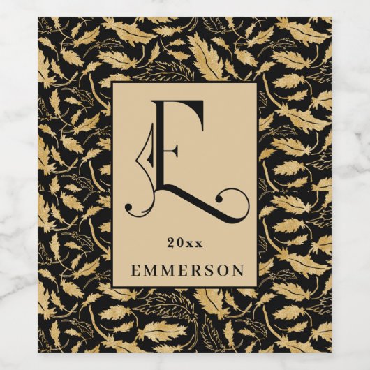 Classy Black en Gold Leaf Pattern Monogram E Wijn Etiket (Enkel label)