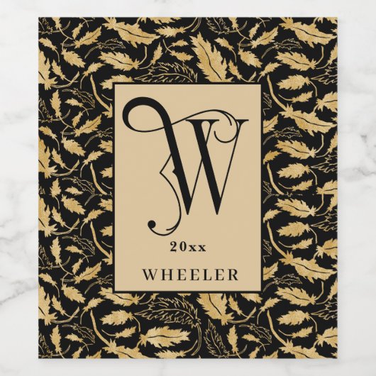 Classy Black en Gold Leaf Pattern Monogram W Wijn Etiket (Enkel label)