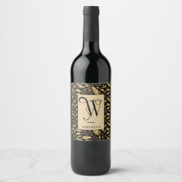 Classy Black en Gold Leaf Pattern Monogram W Wijn Etiket