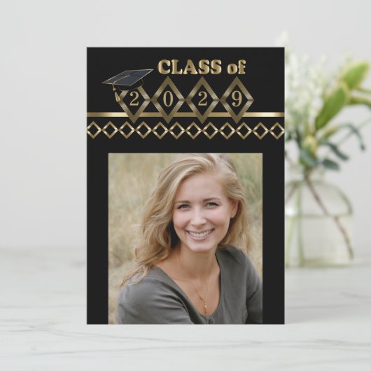 Classy Black en Gold Photo Afstuderen Kaart (Staand voorkant)