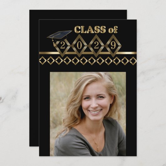 Classy Black en Gold Photo Afstuderen Kaart (Voorkant / Achterkant)