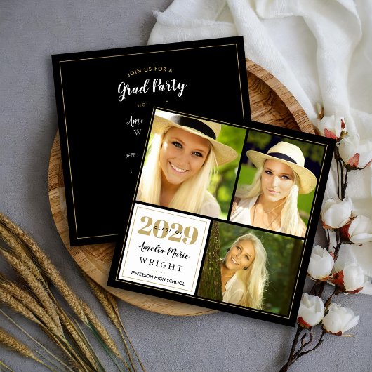Classy Black en Gold Photo Collage Afstuderen Kaart