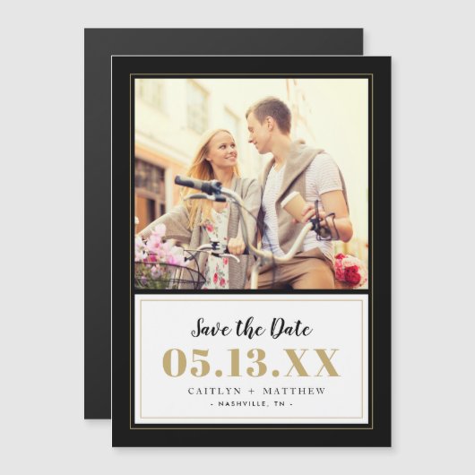 Classy Black en Gold Photo Save the Date (Voorkant / Achterkant)