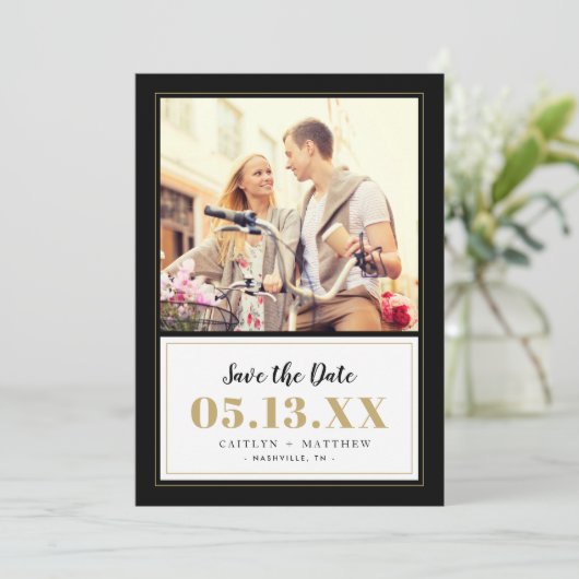 Classy Black en Gold Photo Save the Date (Staand voorkant)