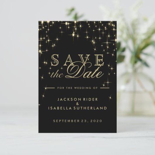 Classy Black en Gold Starlights Save The Date (Staand voorkant)