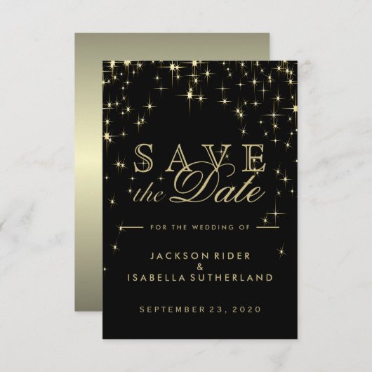Classy Black en Gold Starlights Save The Date (Voorkant / Achterkant)