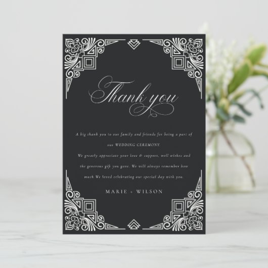 Classy Black en White Art Deco huwelijk Bedankkaart (Staand voorkant)