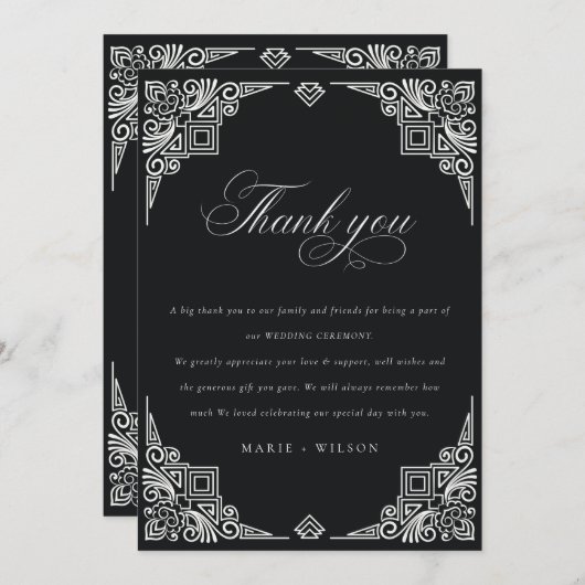 Classy Black en White Art Deco huwelijk Bedankkaart (Voorkant / Achterkant)