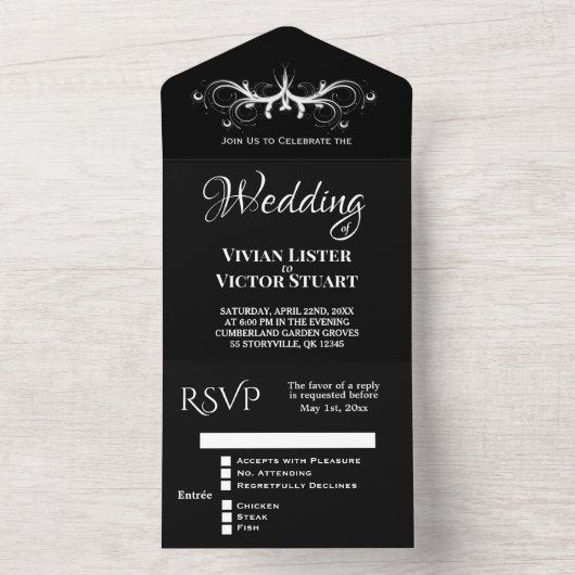 Classy Black en White Tri Fold Rsvp Wedding All In One Uitnodiging (Binnen)