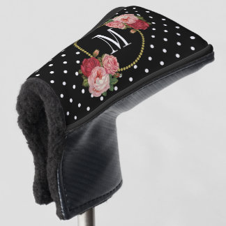 Classy Black  Floral Polka Dots Monogram Golfheadcover