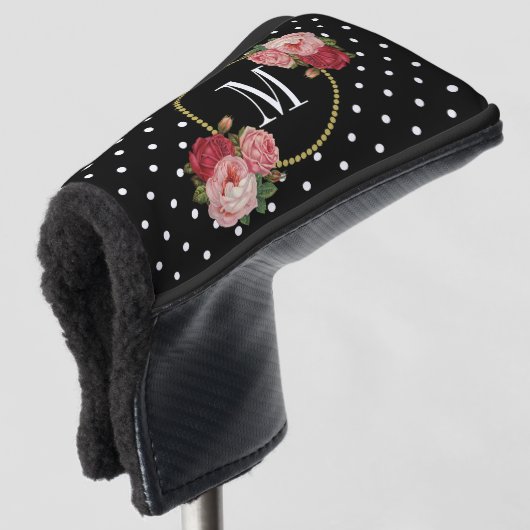 Classy Black  Floral Polka Dots Monogram Golfheadcover (3/4 voorkant)