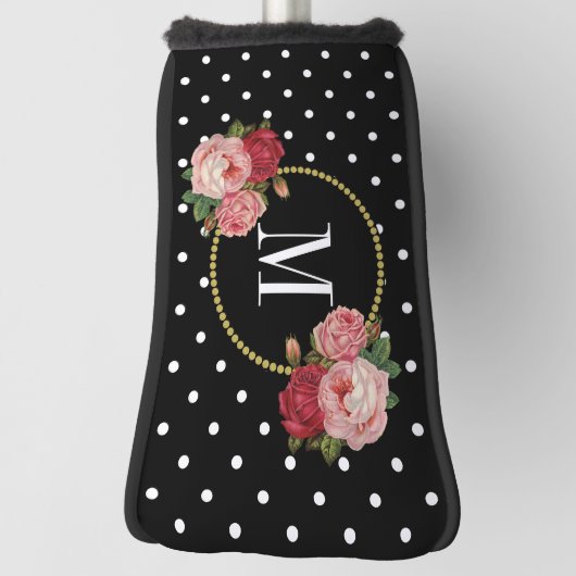 Classy Black  Floral Polka Dots Monogram Golfheadcover (Draai 90)