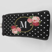 Classy Black  Floral Polka Dots Monogram Golfheadcover (Voorkant)