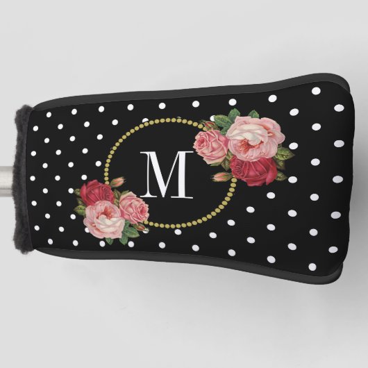 Classy Black  Floral Polka Dots Monogram Golfheadcover (Voorkant)