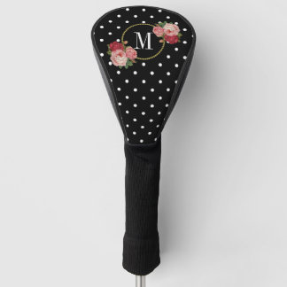 Classy Black  Floral Polka Dots Monogram Golfheadcover