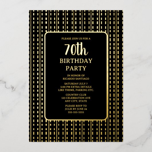 Classy Black & Gold 70e aangepaste verjaardagsfees Folie Uitnodiging (Voorkant)