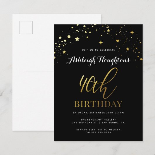 Classy Black & Gold Confetti 40e verjaardag Uitnodiging Briefkaart (Voorkant / Achterkant)