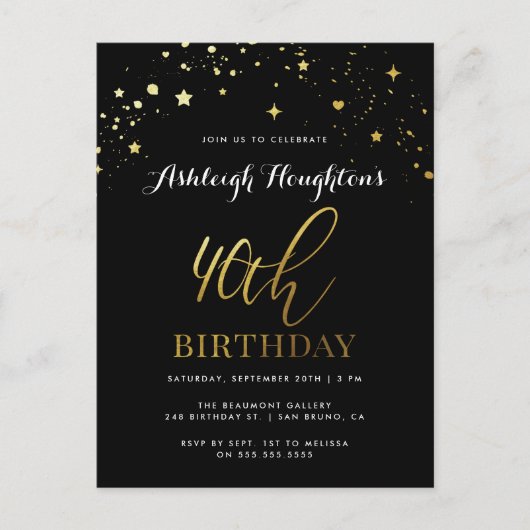 Classy Black & Gold Confetti 40e verjaardag Uitnodiging Briefkaart (Voorkant)