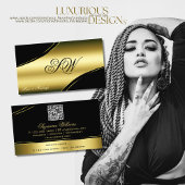 Classy Black Gold Curved Lines Monogram QR-code Visitekaartje