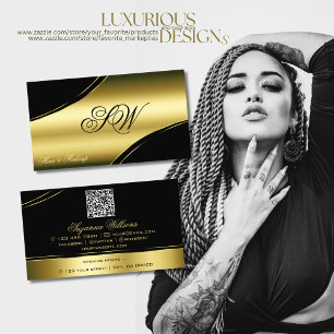 Classy Black Gold Curved Lines Monogram QR-code Visitekaartje