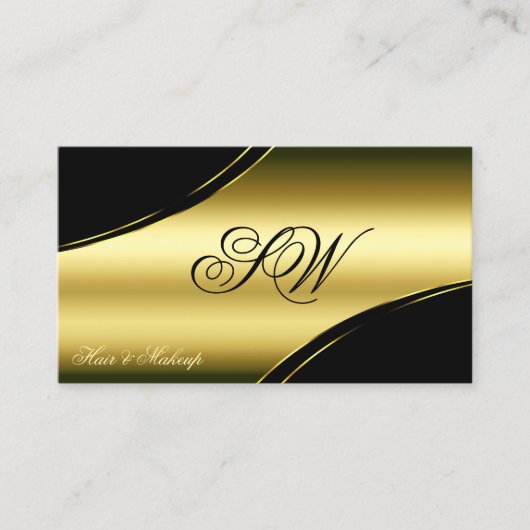 Classy Black Gold Curved Lines Monogram QR-code Visitekaartje (Voorkant)