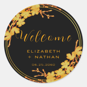 Classy Black Gold Floral Wedal Welcome Ronde Sticker