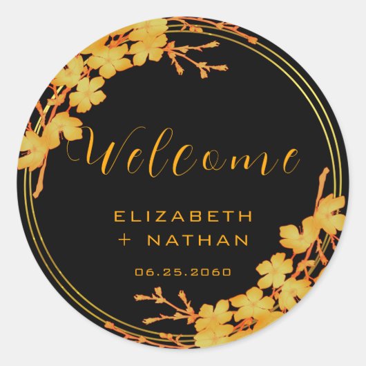 Classy Black Gold Floral Wedal Welcome Ronde Sticker (Voorkant)