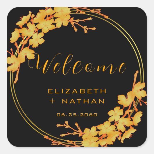 Classy Black & Gold Floral Weduwen Welkom Vierkante Sticker (Voorkant)