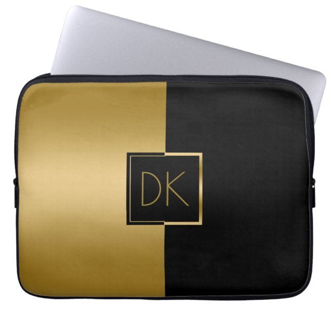 Classy Black & Gold Geometric Design Laptop Sleeve (Voorkant)