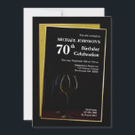 Classy Black Gold Glitter 70th Birthday Kaart<br><div class="desc">Een klassiek zwart en goud uitnodiging voor een 70e verjaardag met een goudvol en fijn glitter lijst met een wijnbril in afwachting van een geraffineerde gelegenheid om de 70e verjaardag te vieren. Wijzig de details van deze uitnodiging in je eigen naam ter voorbereiding van de feestelijke viering met je gasten....</div>