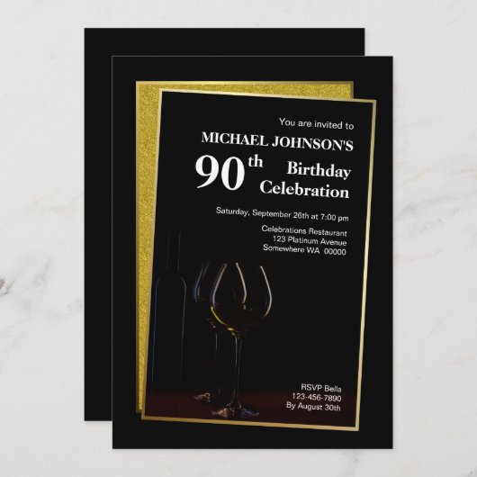 Classy Black Gold Glitter 90th Birthday Kaart (Voorkant / Achterkant)