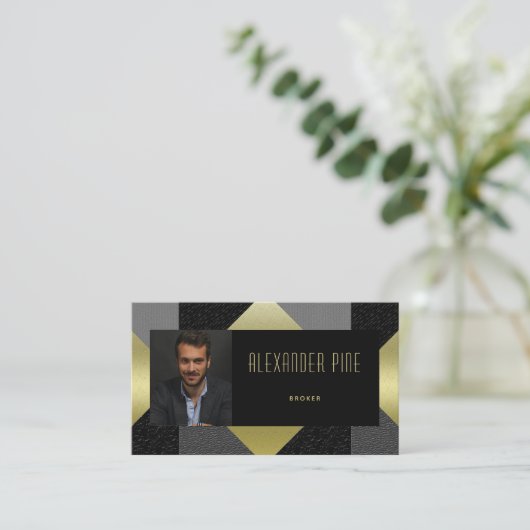 Classy Black Gold Grey Geometric Real Estate Foto Visitekaartje (Staand voorkant)