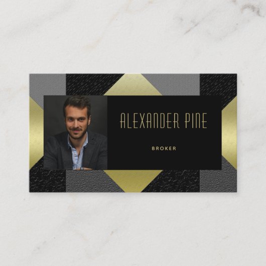 Classy Black Gold Grey Geometric Real Estate Foto Visitekaartje (Voorkant)