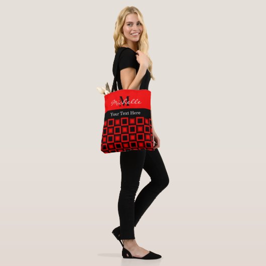 Classy Black & Red Square Monogramed Tote Bag (Op model)