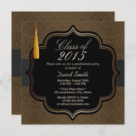 Classy Black Ribbon Brown Damask Graduation Party Kaart (Voorkant / Achterkant)