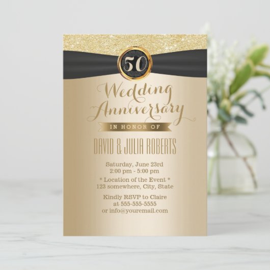 Classy Black Ribbon Gold 50th Wedding Jubileum Kaart (Staand voorkant)